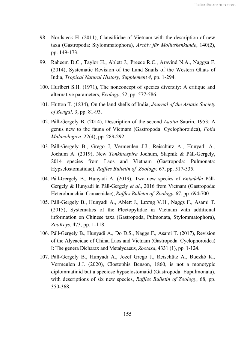 Luận án tiến sĩ sinh học Khu hệ Thân mềm Chân bụng Mollusca: Gastropoda ở nước ngọt và trên cạn Thừa Thiên Huế - 14 Trang 168