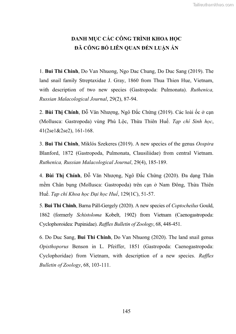 Luận án tiến sĩ sinh học Khu hệ Thân mềm Chân bụng Mollusca: Gastropoda ở nước ngọt và trên cạn Thừa Thiên Huế - 14 Trang 158