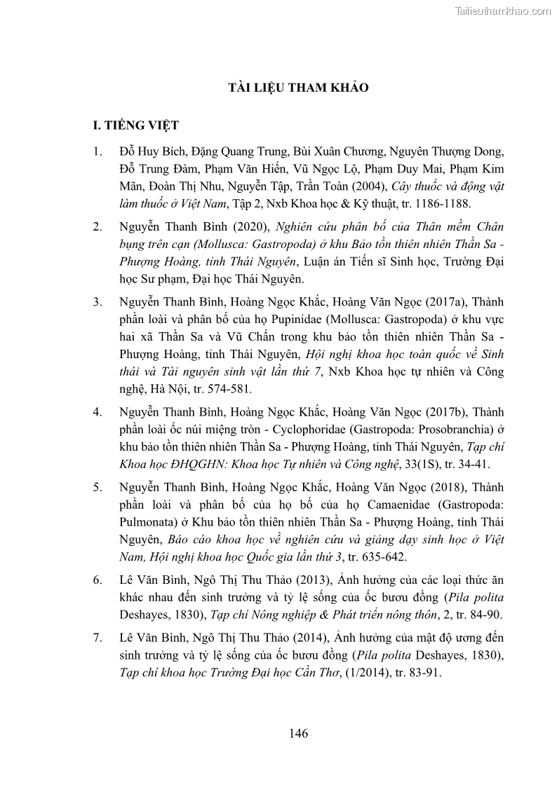 Luận án tiến sĩ sinh học Khu hệ Thân mềm Chân bụng Mollusca: Gastropoda ở nước ngọt và trên cạn Thừa Thiên Huế - 14 Trang 159