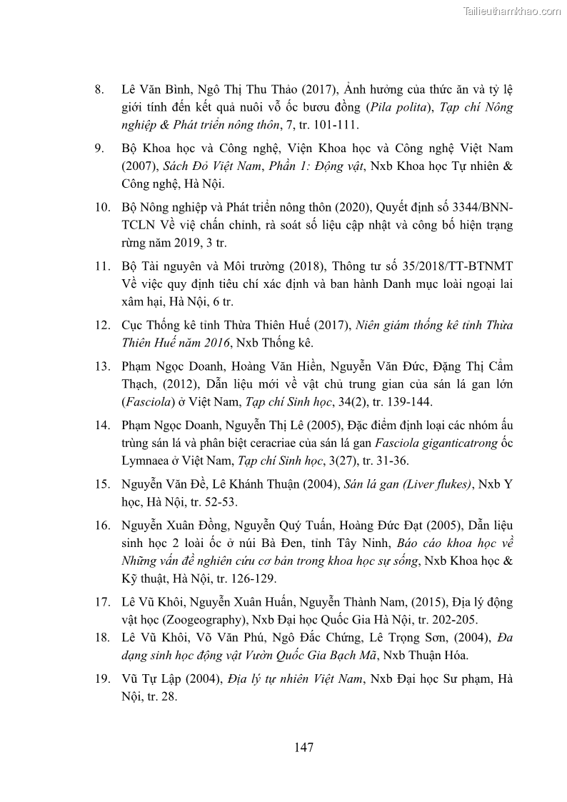 Luận án tiến sĩ sinh học Khu hệ Thân mềm Chân bụng Mollusca: Gastropoda ở nước ngọt và trên cạn Thừa Thiên Huế - 14 Trang 160