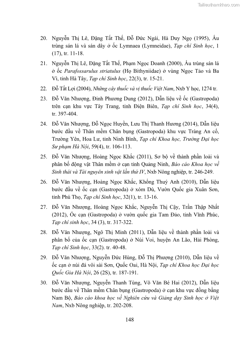 Luận án tiến sĩ sinh học Khu hệ Thân mềm Chân bụng Mollusca: Gastropoda ở nước ngọt và trên cạn Thừa Thiên Huế - 14 Trang 161