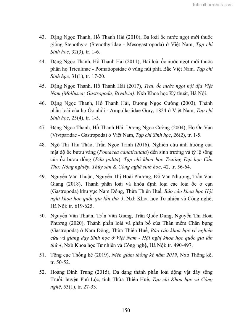 Luận án tiến sĩ sinh học Khu hệ Thân mềm Chân bụng Mollusca: Gastropoda ở nước ngọt và trên cạn Thừa Thiên Huế - 14 Trang 163