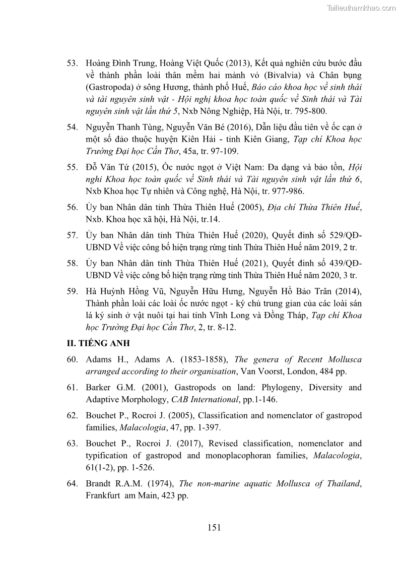Luận án tiến sĩ sinh học Khu hệ Thân mềm Chân bụng Mollusca: Gastropoda ở nước ngọt và trên cạn Thừa Thiên Huế - 14 Trang 164