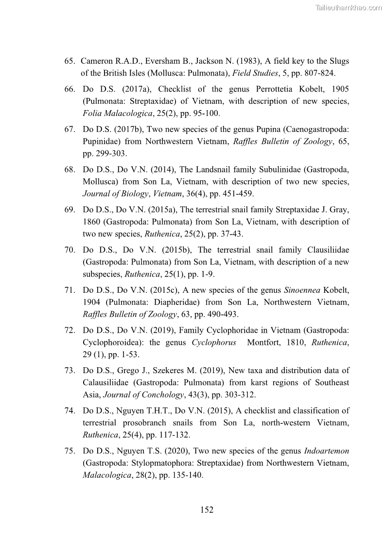 Luận án tiến sĩ sinh học Khu hệ Thân mềm Chân bụng Mollusca: Gastropoda ở nước ngọt và trên cạn Thừa Thiên Huế - 14 Trang 165