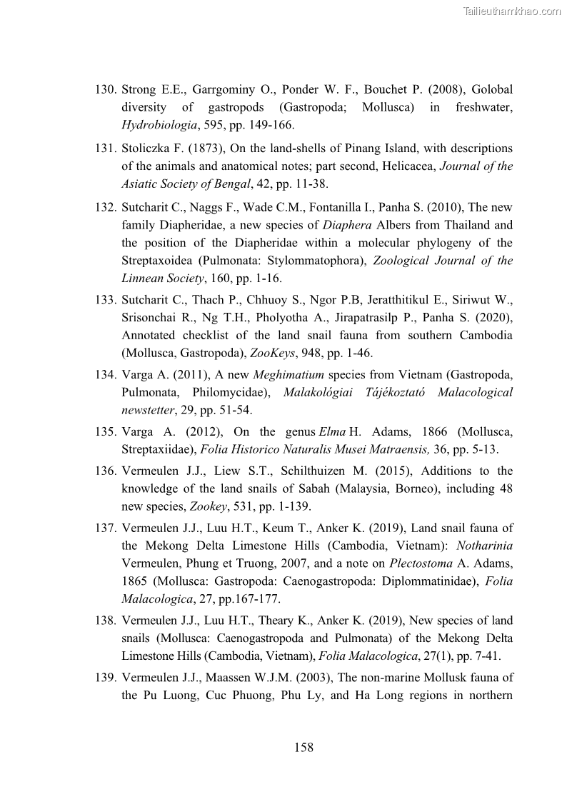 Luận án tiến sĩ sinh học Khu hệ Thân mềm Chân bụng Mollusca: Gastropoda ở nước ngọt và trên cạn Thừa Thiên Huế - 15 Trang 171