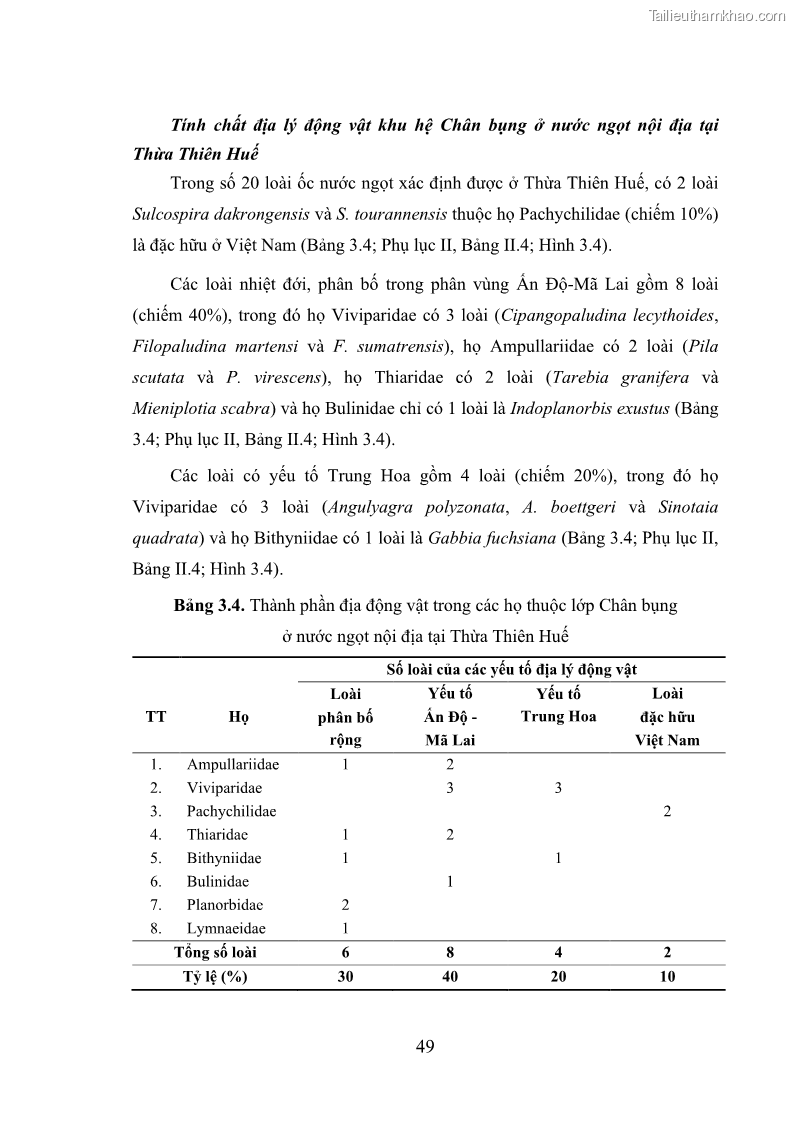 Luận án tiến sĩ sinh học Khu hệ Thân mềm Chân bụng Mollusca: Gastropoda ở nước ngọt và trên cạn Thừa Thiên Huế - 6 Trang 62