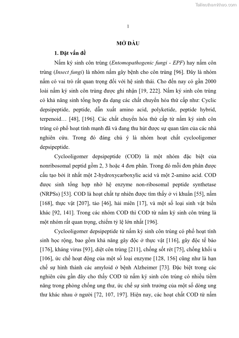 Luận án tiến sĩ sinh học Nghiên cứu đa dạng và sinh tổng hợp Cyclooligomer depsipeptide của nấm ký sinh côn trùng tại Khu Bảo tồn thiên nhiên Copia và Vườn quốc gia Xuân Sơn - 1 Trang 12
