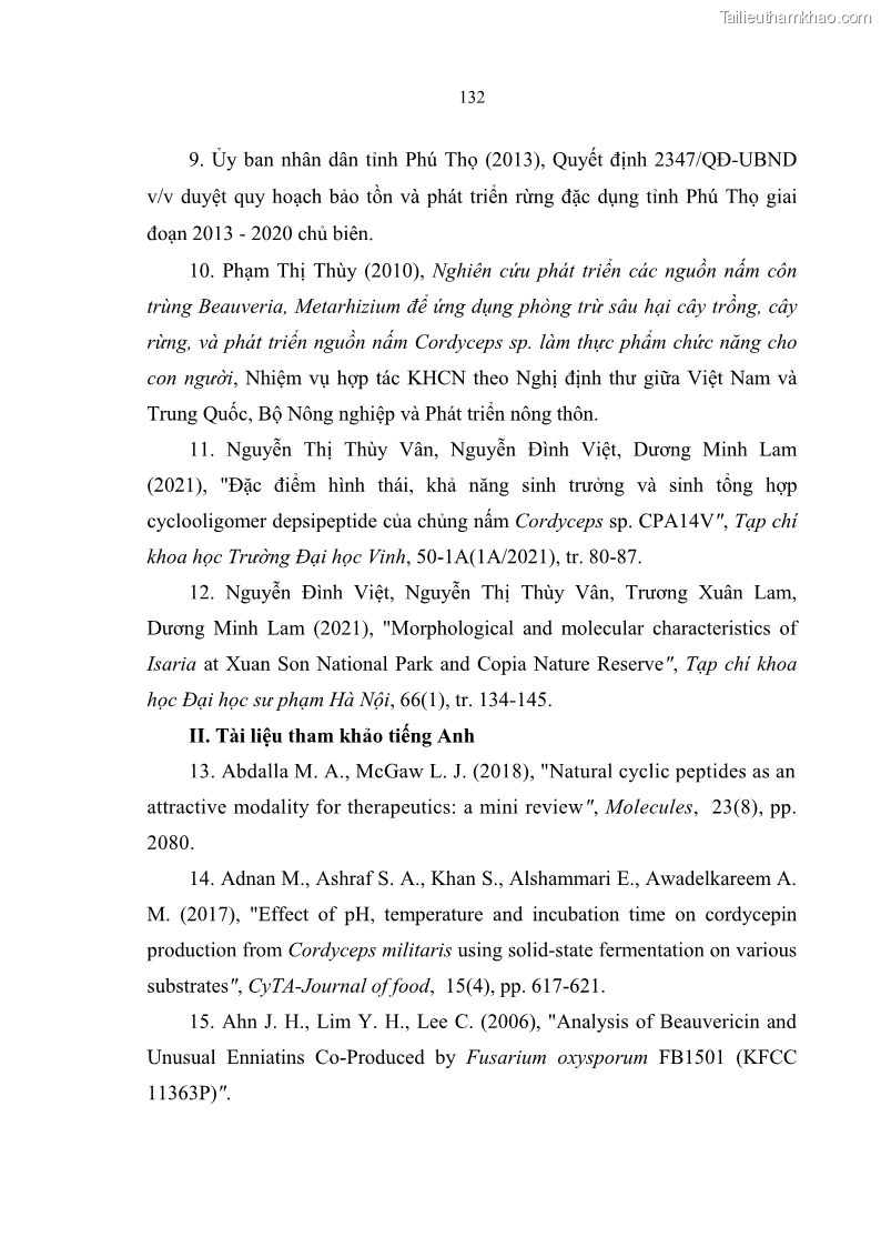 Luận án tiến sĩ sinh học Nghiên cứu đa dạng và sinh tổng hợp Cyclooligomer depsipeptide của nấm ký sinh côn trùng tại Khu Bảo tồn thiên nhiên Copia và Vườn quốc gia Xuân Sơn - 12 Trang 143