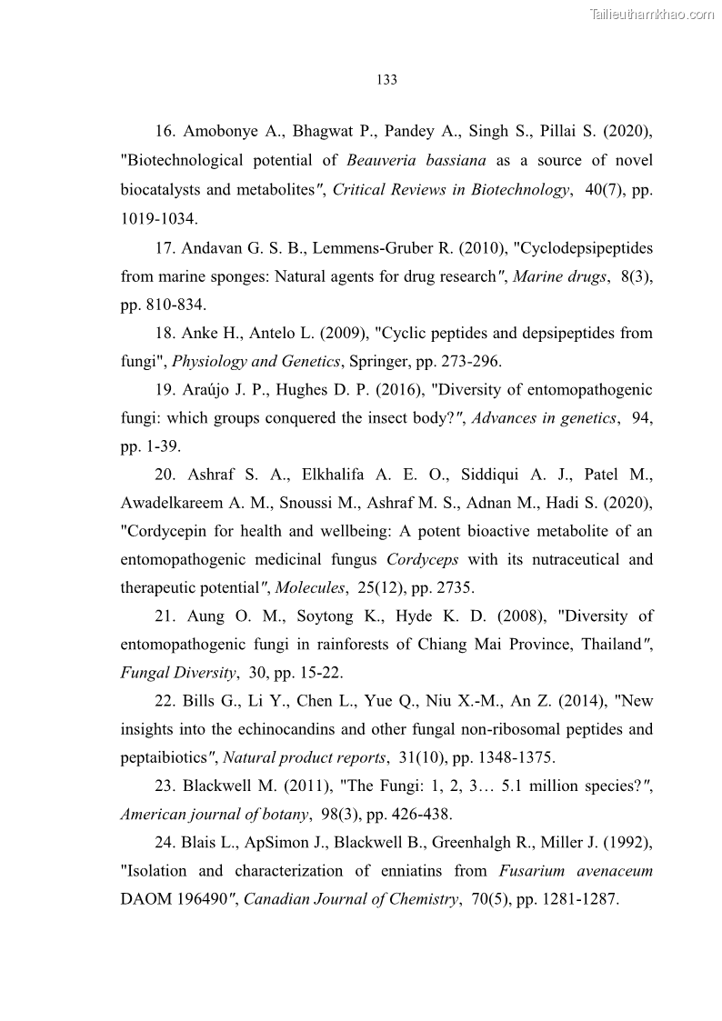 Luận án tiến sĩ sinh học Nghiên cứu đa dạng và sinh tổng hợp Cyclooligomer depsipeptide của nấm ký sinh côn trùng tại Khu Bảo tồn thiên nhiên Copia và Vườn quốc gia Xuân Sơn - 12 Trang 144