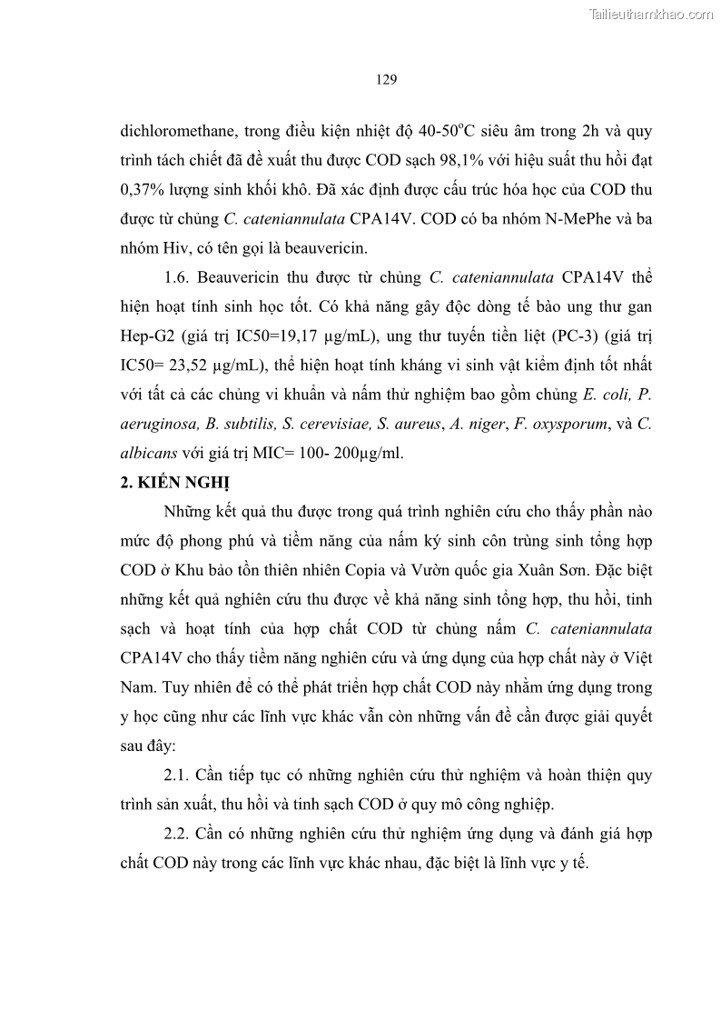 Luận án tiến sĩ sinh học Nghiên cứu đa dạng và sinh tổng hợp Cyclooligomer depsipeptide của nấm ký sinh côn trùng tại Khu Bảo tồn thiên nhiên Copia và Vườn quốc gia Xuân Sơn - 12 Trang 140