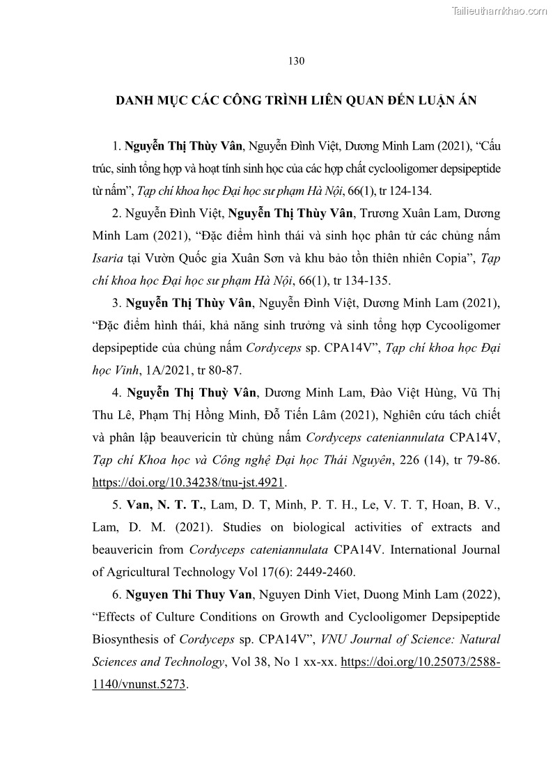 Luận án tiến sĩ sinh học Nghiên cứu đa dạng và sinh tổng hợp Cyclooligomer depsipeptide của nấm ký sinh côn trùng tại Khu Bảo tồn thiên nhiên Copia và Vườn quốc gia Xuân Sơn - 12 Trang 141