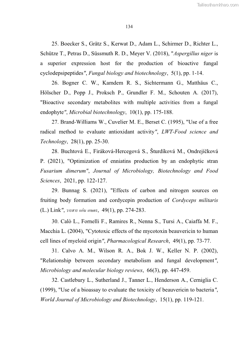 Luận án tiến sĩ sinh học Nghiên cứu đa dạng và sinh tổng hợp Cyclooligomer depsipeptide của nấm ký sinh côn trùng tại Khu Bảo tồn thiên nhiên Copia và Vườn quốc gia Xuân Sơn - 13 Trang 145