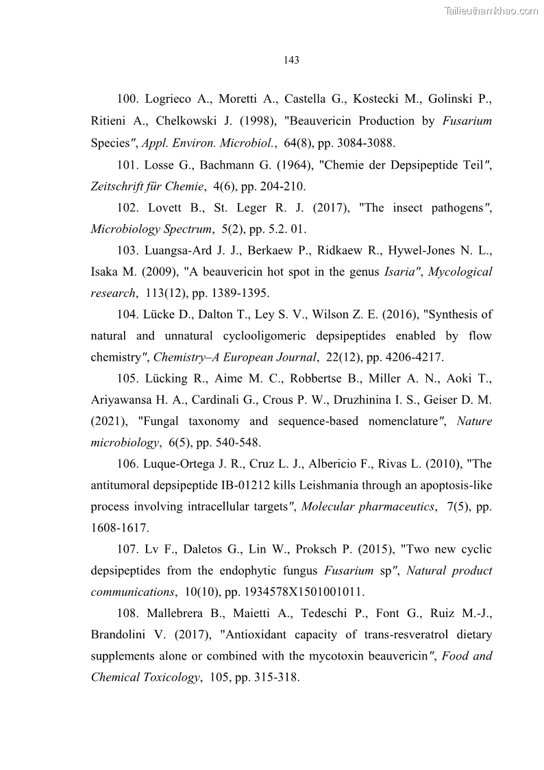 Luận án tiến sĩ sinh học Nghiên cứu đa dạng và sinh tổng hợp Cyclooligomer depsipeptide của nấm ký sinh côn trùng tại Khu Bảo tồn thiên nhiên Copia và Vườn quốc gia Xuân Sơn - 13 Trang 154