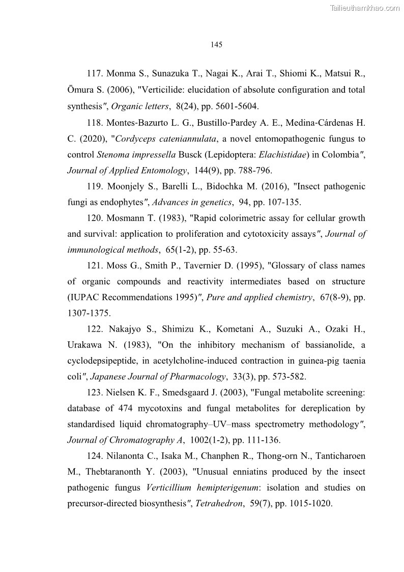 Luận án tiến sĩ sinh học Nghiên cứu đa dạng và sinh tổng hợp Cyclooligomer depsipeptide của nấm ký sinh côn trùng tại Khu Bảo tồn thiên nhiên Copia và Vườn quốc gia Xuân Sơn - 13 Trang 156