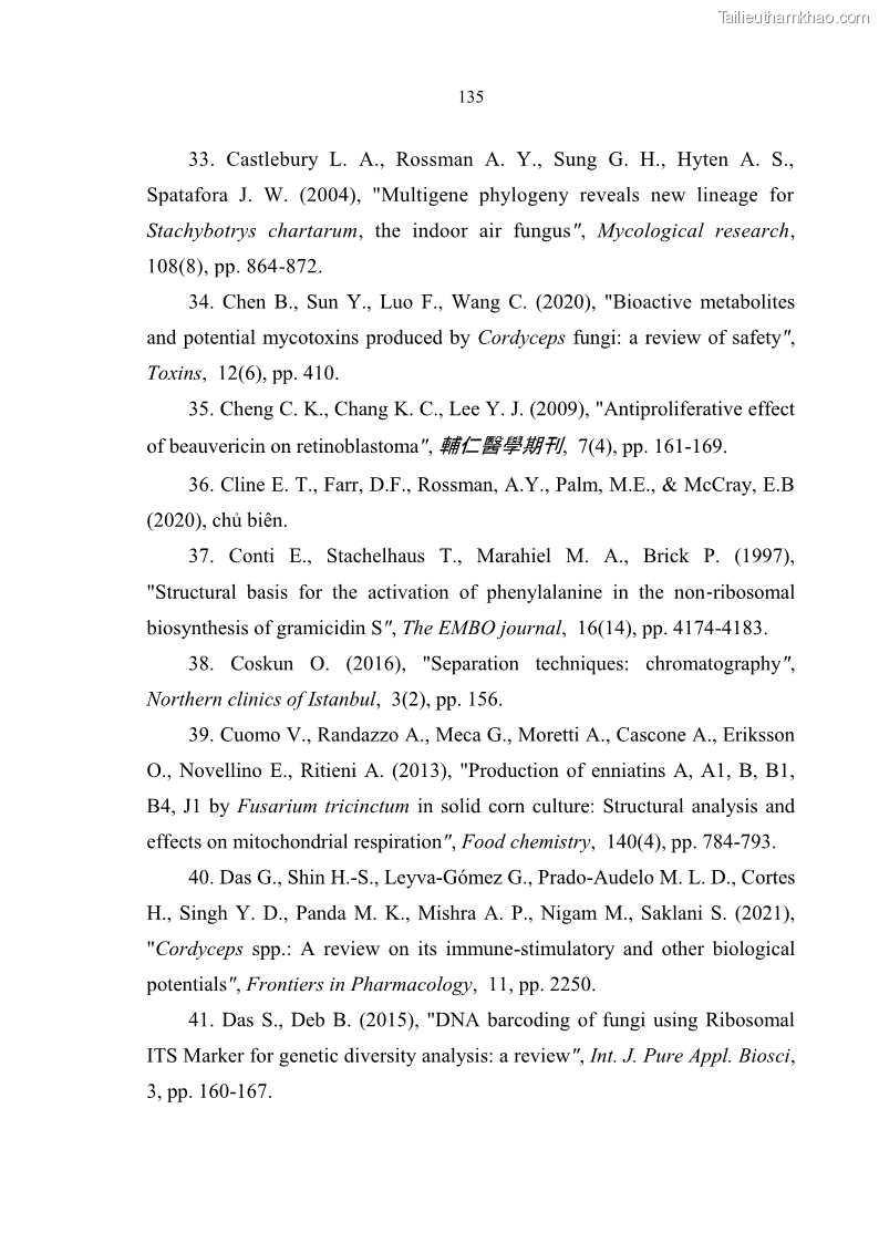 Luận án tiến sĩ sinh học Nghiên cứu đa dạng và sinh tổng hợp Cyclooligomer depsipeptide của nấm ký sinh côn trùng tại Khu Bảo tồn thiên nhiên Copia và Vườn quốc gia Xuân Sơn - 13 Trang 146