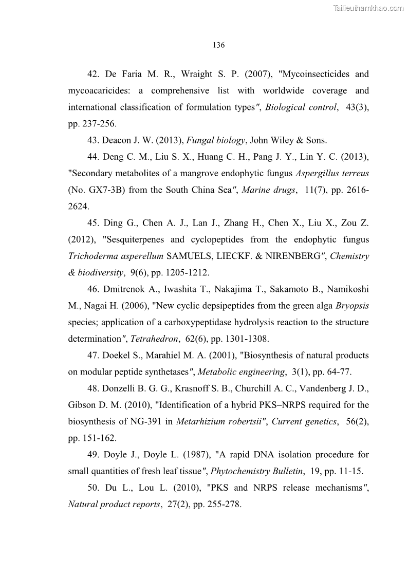 Luận án tiến sĩ sinh học Nghiên cứu đa dạng và sinh tổng hợp Cyclooligomer depsipeptide của nấm ký sinh côn trùng tại Khu Bảo tồn thiên nhiên Copia và Vườn quốc gia Xuân Sơn - 13 Trang 147