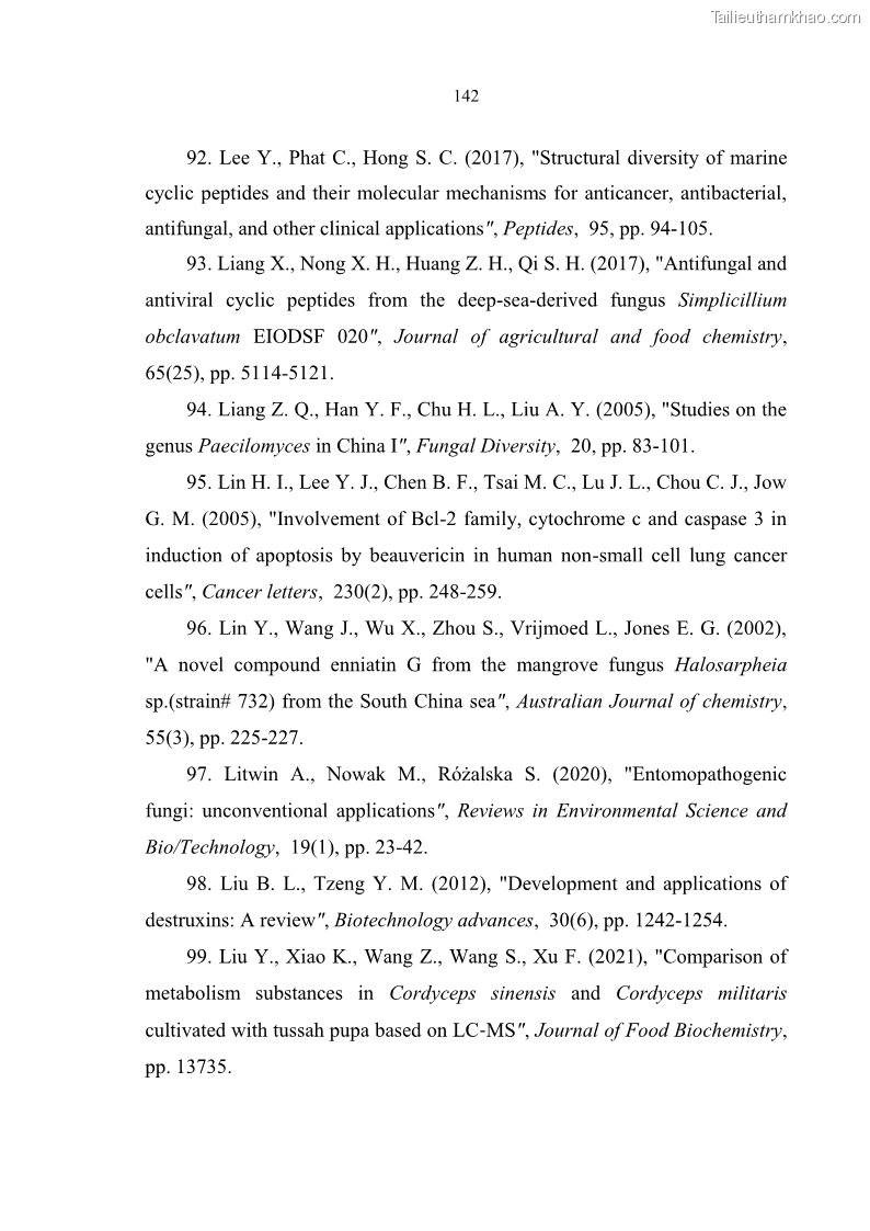 Luận án tiến sĩ sinh học Nghiên cứu đa dạng và sinh tổng hợp Cyclooligomer depsipeptide của nấm ký sinh côn trùng tại Khu Bảo tồn thiên nhiên Copia và Vườn quốc gia Xuân Sơn - 13 Trang 153
