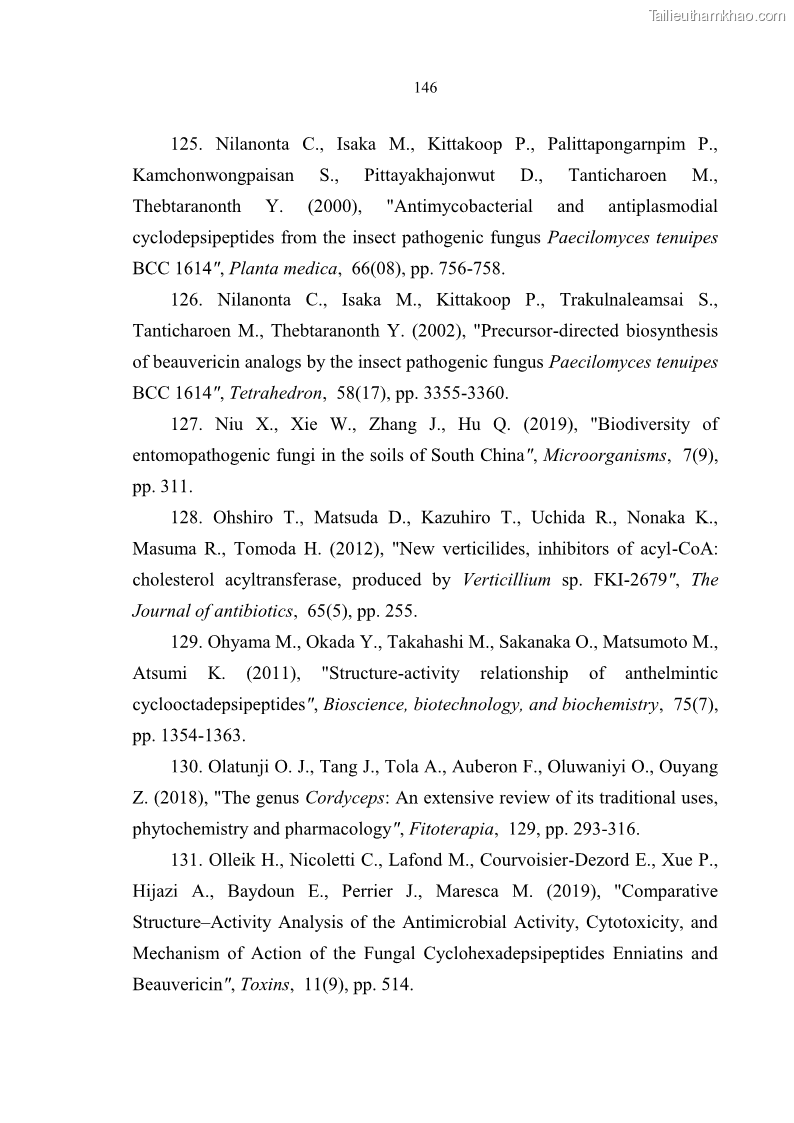 Luận án tiến sĩ sinh học Nghiên cứu đa dạng và sinh tổng hợp Cyclooligomer depsipeptide của nấm ký sinh côn trùng tại Khu Bảo tồn thiên nhiên Copia và Vườn quốc gia Xuân Sơn - 14 Trang 157