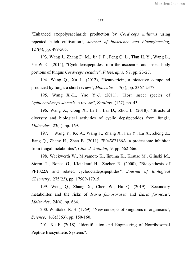 Luận án tiến sĩ sinh học Nghiên cứu đa dạng và sinh tổng hợp Cyclooligomer depsipeptide của nấm ký sinh côn trùng tại Khu Bảo tồn thiên nhiên Copia và Vườn quốc gia Xuân Sơn - 14 Trang 166