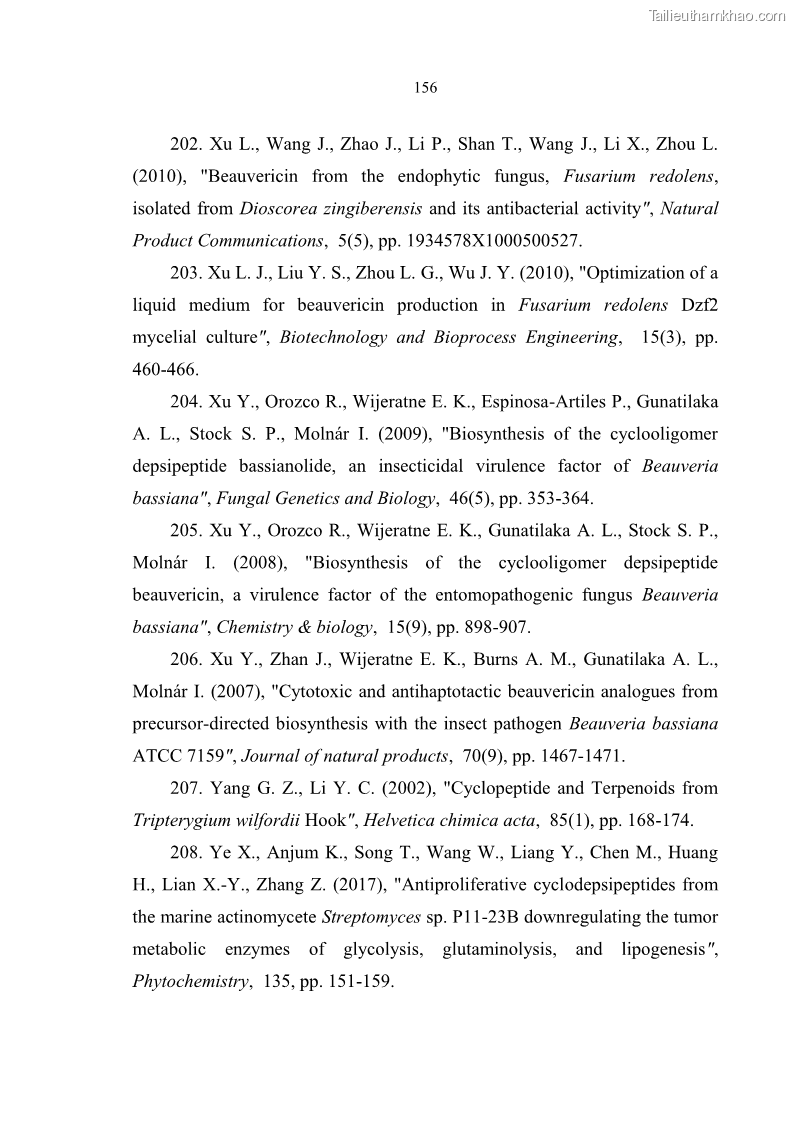 Luận án tiến sĩ sinh học Nghiên cứu đa dạng và sinh tổng hợp Cyclooligomer depsipeptide của nấm ký sinh côn trùng tại Khu Bảo tồn thiên nhiên Copia và Vườn quốc gia Xuân Sơn - 14 Trang 167