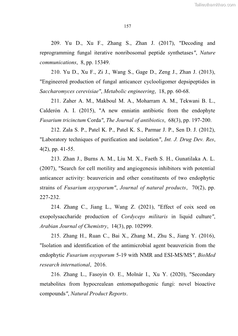 Luận án tiến sĩ sinh học Nghiên cứu đa dạng và sinh tổng hợp Cyclooligomer depsipeptide của nấm ký sinh côn trùng tại Khu Bảo tồn thiên nhiên Copia và Vườn quốc gia Xuân Sơn - 14 Trang 168