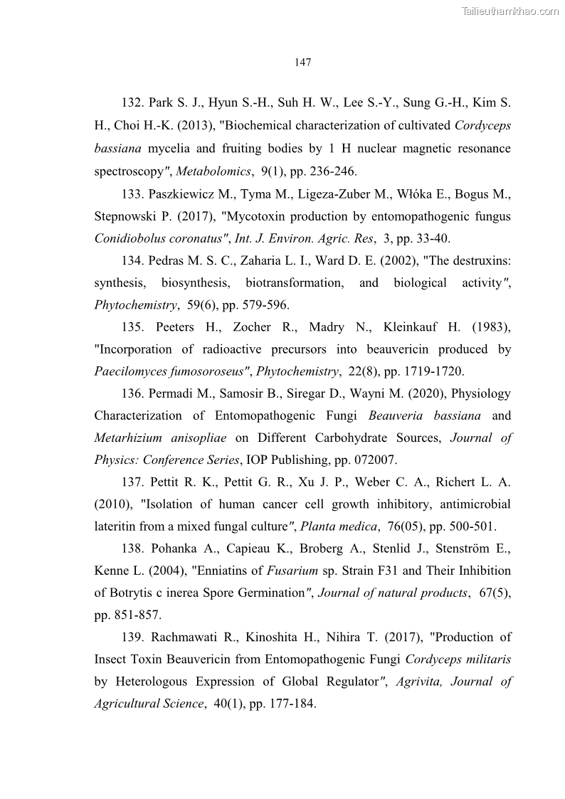 Luận án tiến sĩ sinh học Nghiên cứu đa dạng và sinh tổng hợp Cyclooligomer depsipeptide của nấm ký sinh côn trùng tại Khu Bảo tồn thiên nhiên Copia và Vườn quốc gia Xuân Sơn - 14 Trang 158