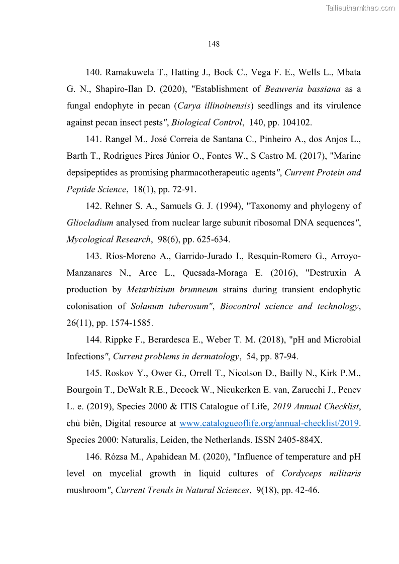 Luận án tiến sĩ sinh học Nghiên cứu đa dạng và sinh tổng hợp Cyclooligomer depsipeptide của nấm ký sinh côn trùng tại Khu Bảo tồn thiên nhiên Copia và Vườn quốc gia Xuân Sơn - 14 Trang 159