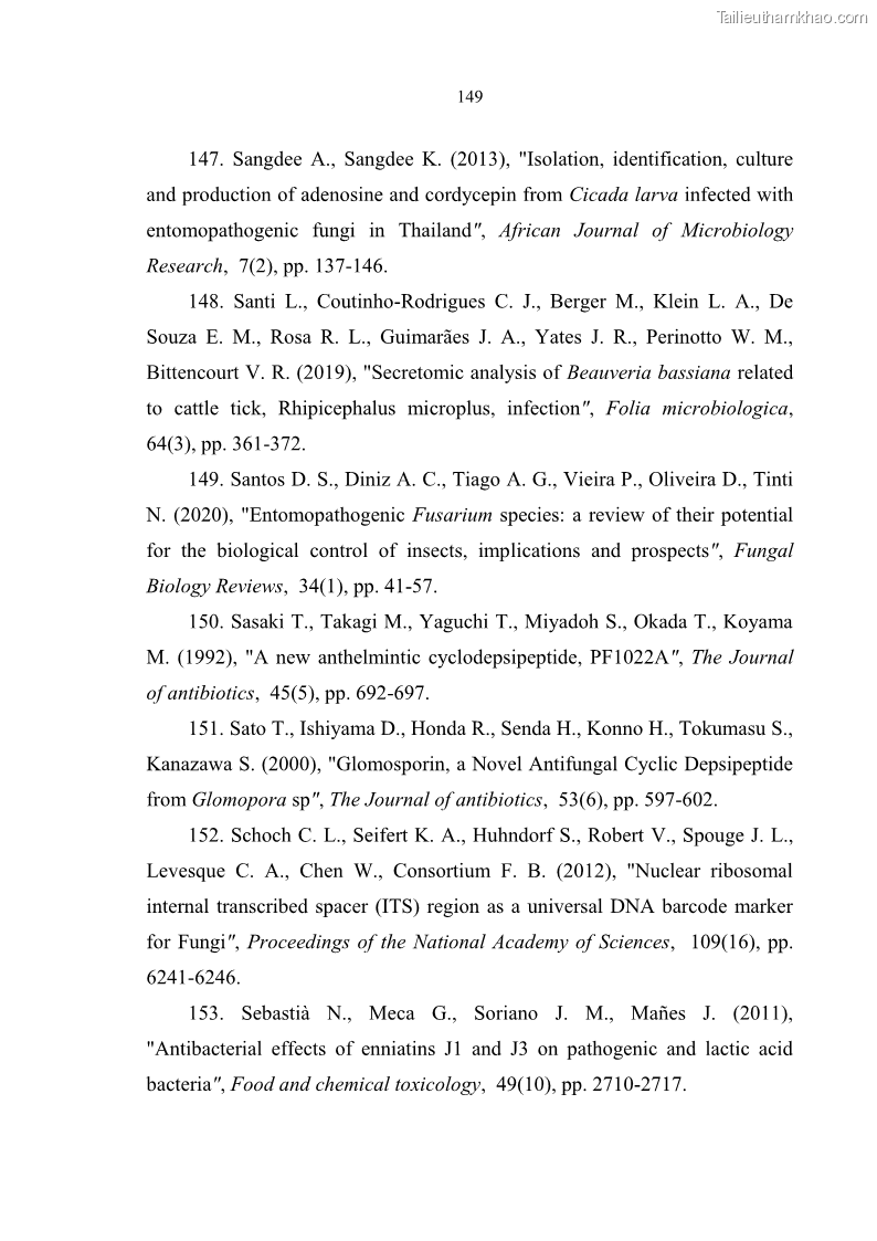 Luận án tiến sĩ sinh học Nghiên cứu đa dạng và sinh tổng hợp Cyclooligomer depsipeptide của nấm ký sinh côn trùng tại Khu Bảo tồn thiên nhiên Copia và Vườn quốc gia Xuân Sơn - 14 Trang 160