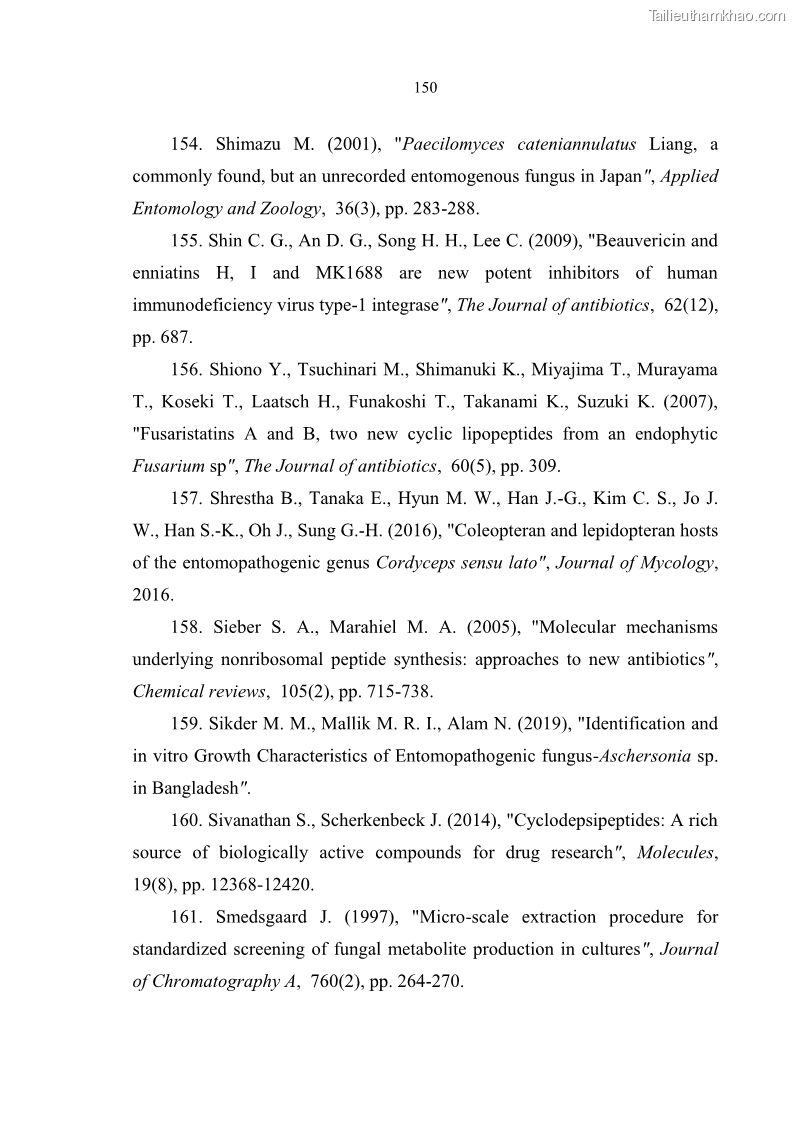 Luận án tiến sĩ sinh học Nghiên cứu đa dạng và sinh tổng hợp Cyclooligomer depsipeptide của nấm ký sinh côn trùng tại Khu Bảo tồn thiên nhiên Copia và Vườn quốc gia Xuân Sơn - 14 Trang 161
