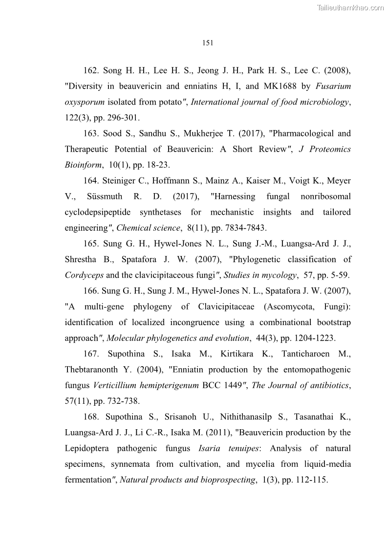 Luận án tiến sĩ sinh học Nghiên cứu đa dạng và sinh tổng hợp Cyclooligomer depsipeptide của nấm ký sinh côn trùng tại Khu Bảo tồn thiên nhiên Copia và Vườn quốc gia Xuân Sơn - 14 Trang 162
