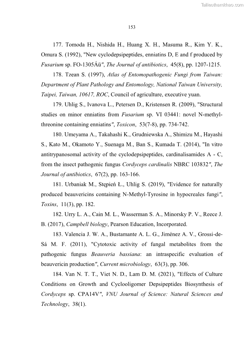 Luận án tiến sĩ sinh học Nghiên cứu đa dạng và sinh tổng hợp Cyclooligomer depsipeptide của nấm ký sinh côn trùng tại Khu Bảo tồn thiên nhiên Copia và Vườn quốc gia Xuân Sơn - 14 Trang 164