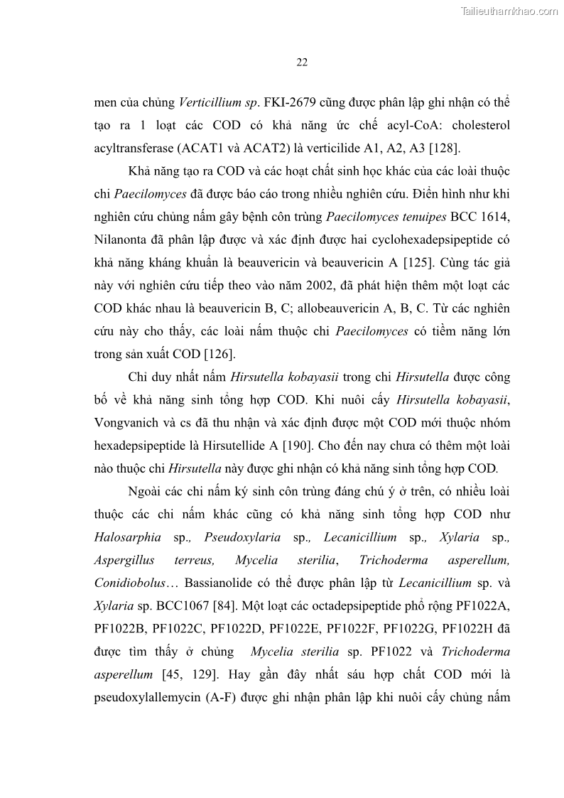 Luận án tiến sĩ sinh học Nghiên cứu đa dạng và sinh tổng hợp Cyclooligomer depsipeptide của nấm ký sinh côn trùng tại Khu Bảo tồn thiên nhiên Copia và Vườn quốc gia Xuân Sơn - 3 Trang 33