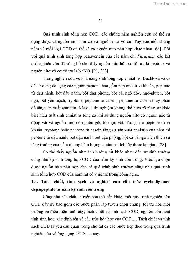 Luận án tiến sĩ sinh học Nghiên cứu đa dạng và sinh tổng hợp Cyclooligomer depsipeptide của nấm ký sinh côn trùng tại Khu Bảo tồn thiên nhiên Copia và Vườn quốc gia Xuân Sơn - 4 Trang 42