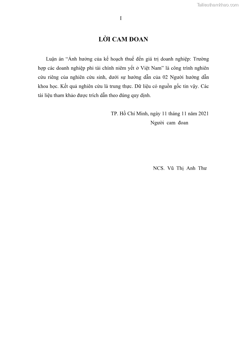 Luận án tiến sĩ tài chính ngân hàng Ảnh hưởng của kế hoạch thuế đến giá trị doanh nghiệp: Trường hợp các doanh nghiệp phi tài chính niêm yết ở Việt Nam - 1 Trang 3