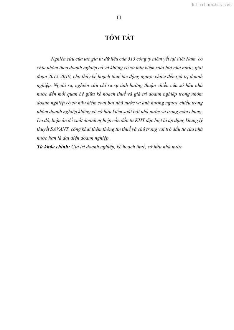Luận án tiến sĩ tài chính ngân hàng Ảnh hưởng của kế hoạch thuế đến giá trị doanh nghiệp: Trường hợp các doanh nghiệp phi tài chính niêm yết ở Việt Nam - 1 Trang 5