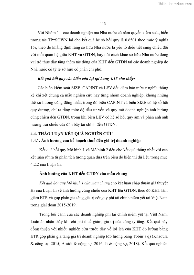 Luận án tiến sĩ tài chính ngân hàng Ảnh hưởng của kế hoạch thuế đến giá trị doanh nghiệp: Trường hợp các doanh nghiệp phi tài chính niêm yết ở Việt Nam - 11 Trang 127