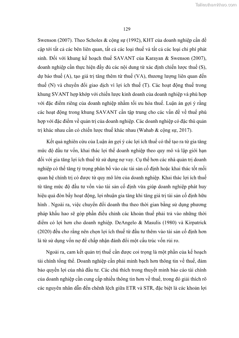 Luận án tiến sĩ tài chính ngân hàng Ảnh hưởng của kế hoạch thuế đến giá trị doanh nghiệp: Trường hợp các doanh nghiệp phi tài chính niêm yết ở Việt Nam - 12 Trang 143