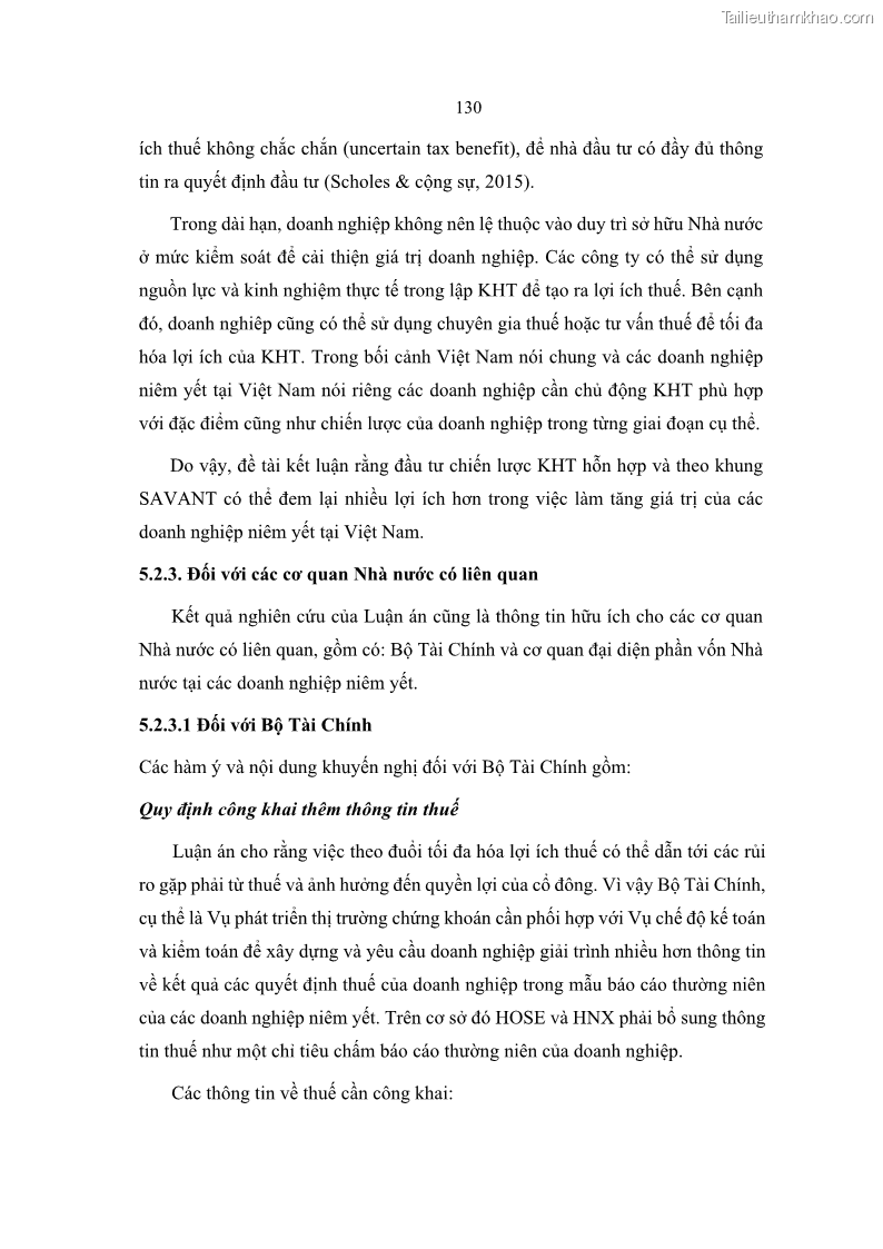 Luận án tiến sĩ tài chính ngân hàng Ảnh hưởng của kế hoạch thuế đến giá trị doanh nghiệp: Trường hợp các doanh nghiệp phi tài chính niêm yết ở Việt Nam - 12 Trang 144