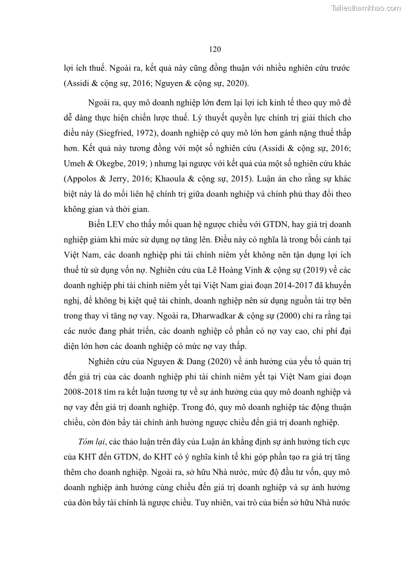 Luận án tiến sĩ tài chính ngân hàng Ảnh hưởng của kế hoạch thuế đến giá trị doanh nghiệp: Trường hợp các doanh nghiệp phi tài chính niêm yết ở Việt Nam - 12 Trang 134