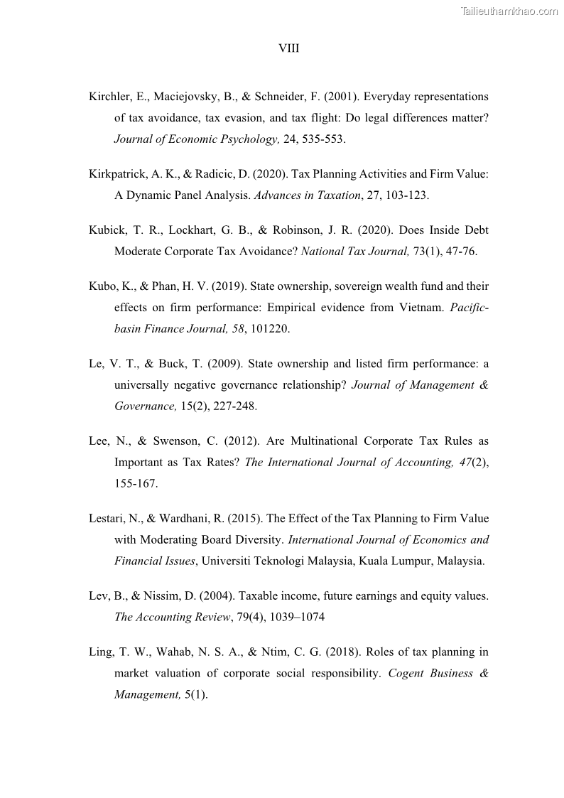 Luận án tiến sĩ tài chính ngân hàng Ảnh hưởng của kế hoạch thuế đến giá trị doanh nghiệp: Trường hợp các doanh nghiệp phi tài chính niêm yết ở Việt Nam - 14 Trang 159
