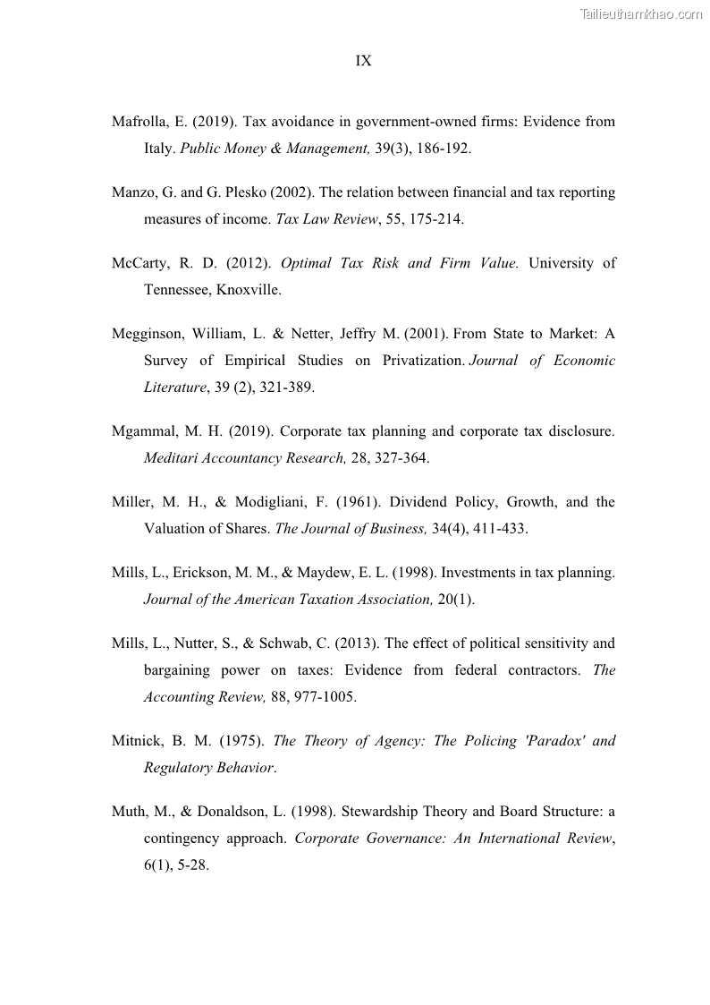Luận án tiến sĩ tài chính ngân hàng Ảnh hưởng của kế hoạch thuế đến giá trị doanh nghiệp: Trường hợp các doanh nghiệp phi tài chính niêm yết ở Việt Nam - 14 Trang 160