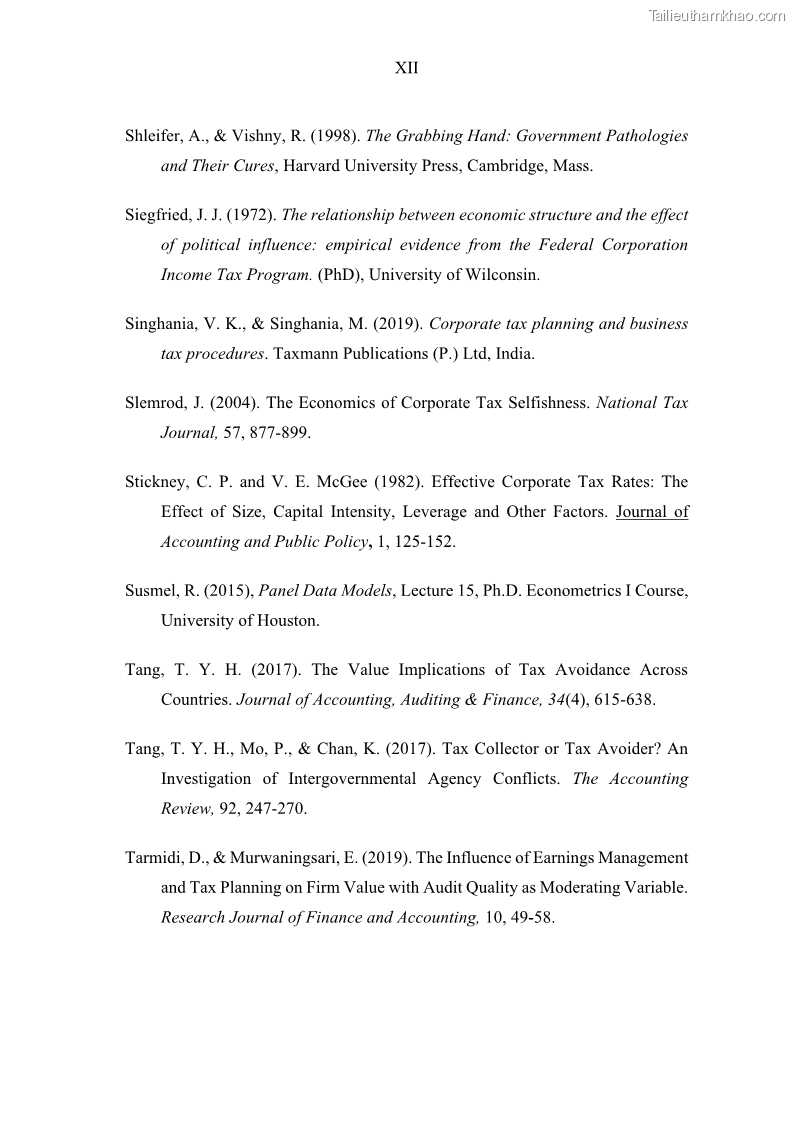 Luận án tiến sĩ tài chính ngân hàng Ảnh hưởng của kế hoạch thuế đến giá trị doanh nghiệp: Trường hợp các doanh nghiệp phi tài chính niêm yết ở Việt Nam - 14 Trang 163