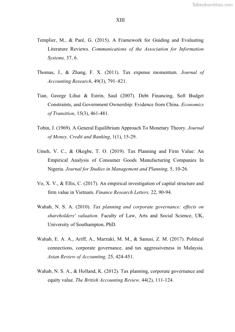 Luận án tiến sĩ tài chính ngân hàng Ảnh hưởng của kế hoạch thuế đến giá trị doanh nghiệp: Trường hợp các doanh nghiệp phi tài chính niêm yết ở Việt Nam - 14 Trang 164