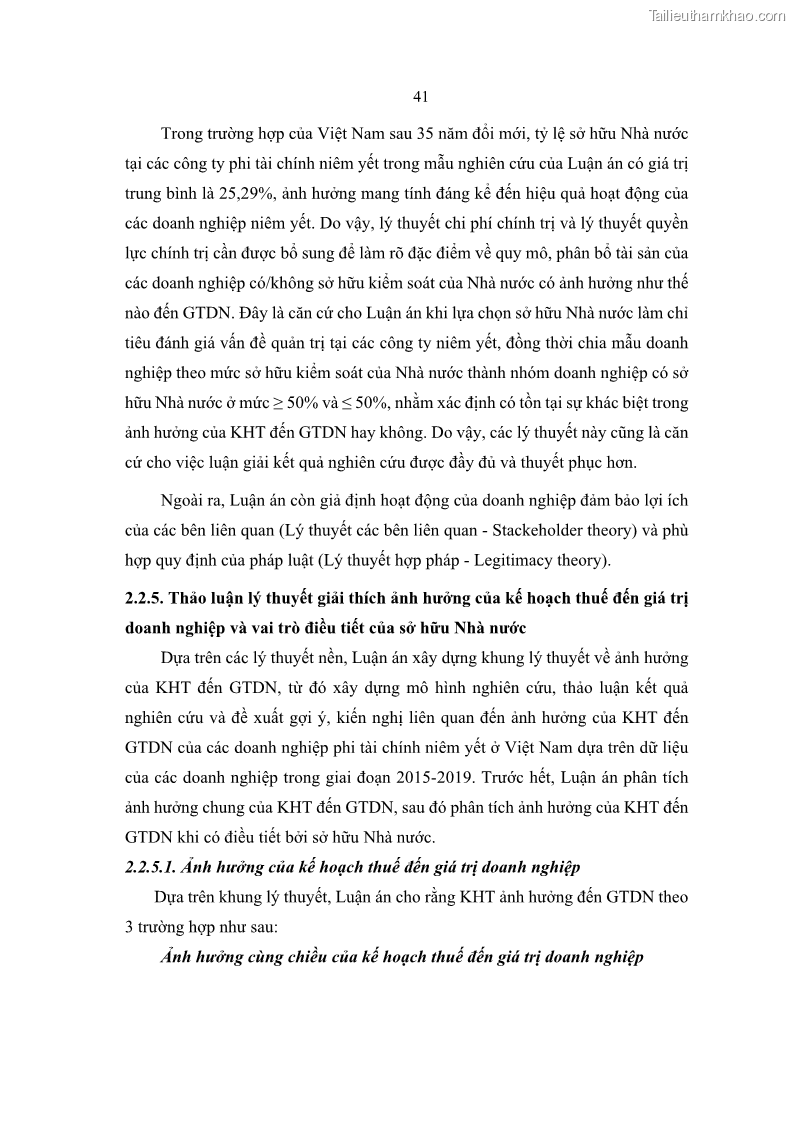Luận án tiến sĩ tài chính ngân hàng Ảnh hưởng của kế hoạch thuế đến giá trị doanh nghiệp: Trường hợp các doanh nghiệp phi tài chính niêm yết ở Việt Nam - 5 Trang 55