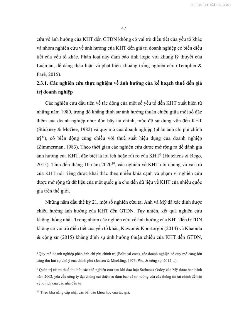 Luận án tiến sĩ tài chính ngân hàng Ảnh hưởng của kế hoạch thuế đến giá trị doanh nghiệp: Trường hợp các doanh nghiệp phi tài chính niêm yết ở Việt Nam - 6 Trang 61