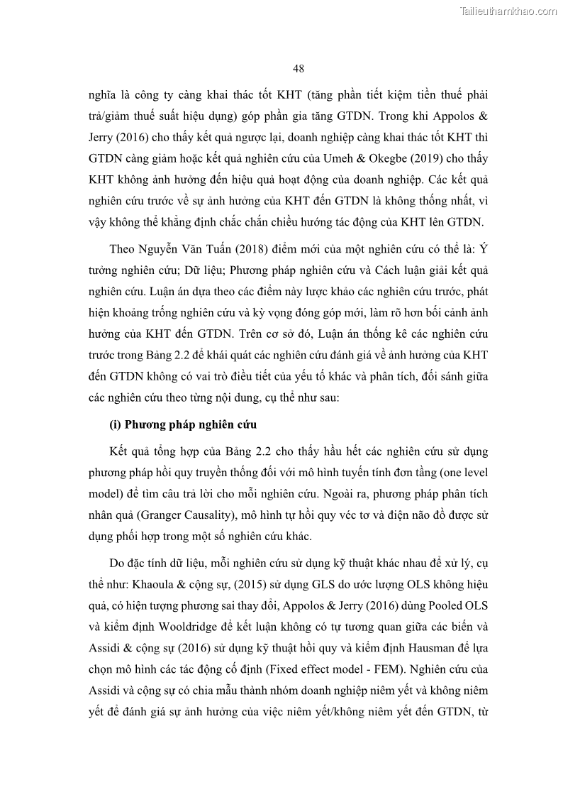 Luận án tiến sĩ tài chính ngân hàng Ảnh hưởng của kế hoạch thuế đến giá trị doanh nghiệp: Trường hợp các doanh nghiệp phi tài chính niêm yết ở Việt Nam - 6 Trang 62