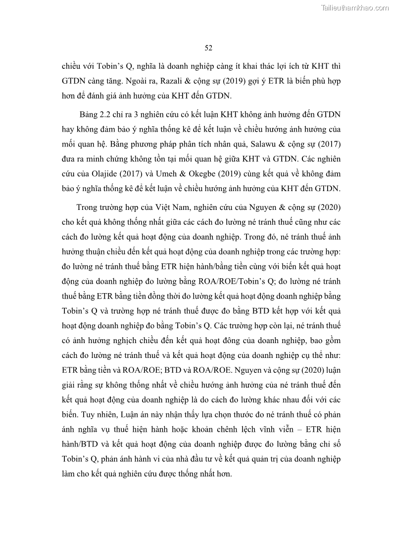 Luận án tiến sĩ tài chính ngân hàng Ảnh hưởng của kế hoạch thuế đến giá trị doanh nghiệp: Trường hợp các doanh nghiệp phi tài chính niêm yết ở Việt Nam - 6 Trang 66