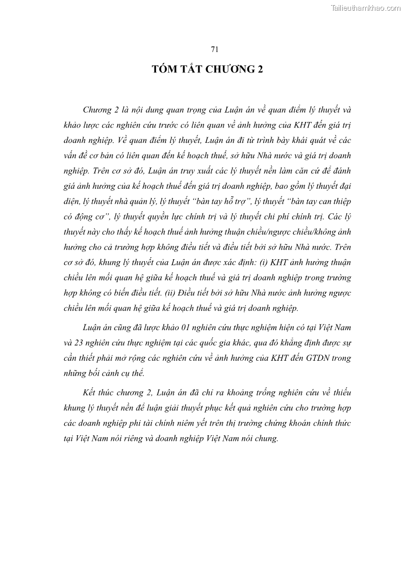 Luận án tiến sĩ tài chính ngân hàng Ảnh hưởng của kế hoạch thuế đến giá trị doanh nghiệp: Trường hợp các doanh nghiệp phi tài chính niêm yết ở Việt Nam - 8 Trang 85