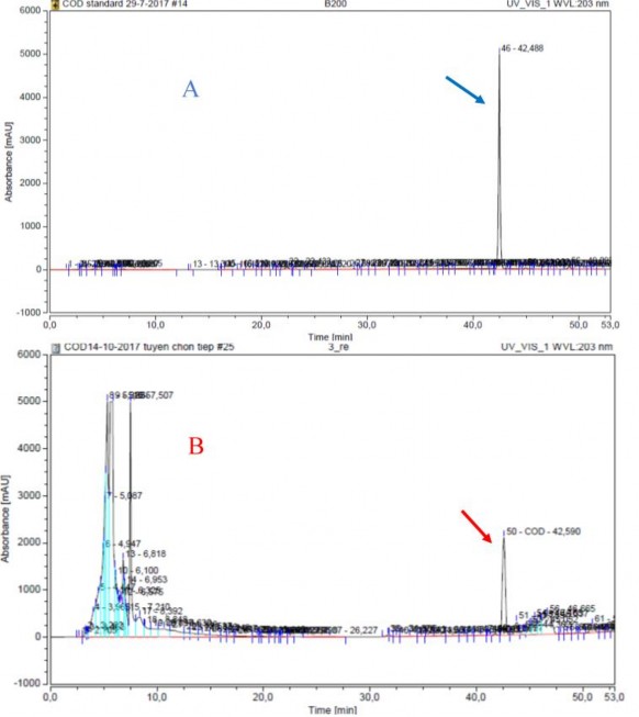 Hình 3 26 Sắc ký đồ HPLC UV 203 nm của chất chuẩn A và mẫu phân lập B Bốn 1