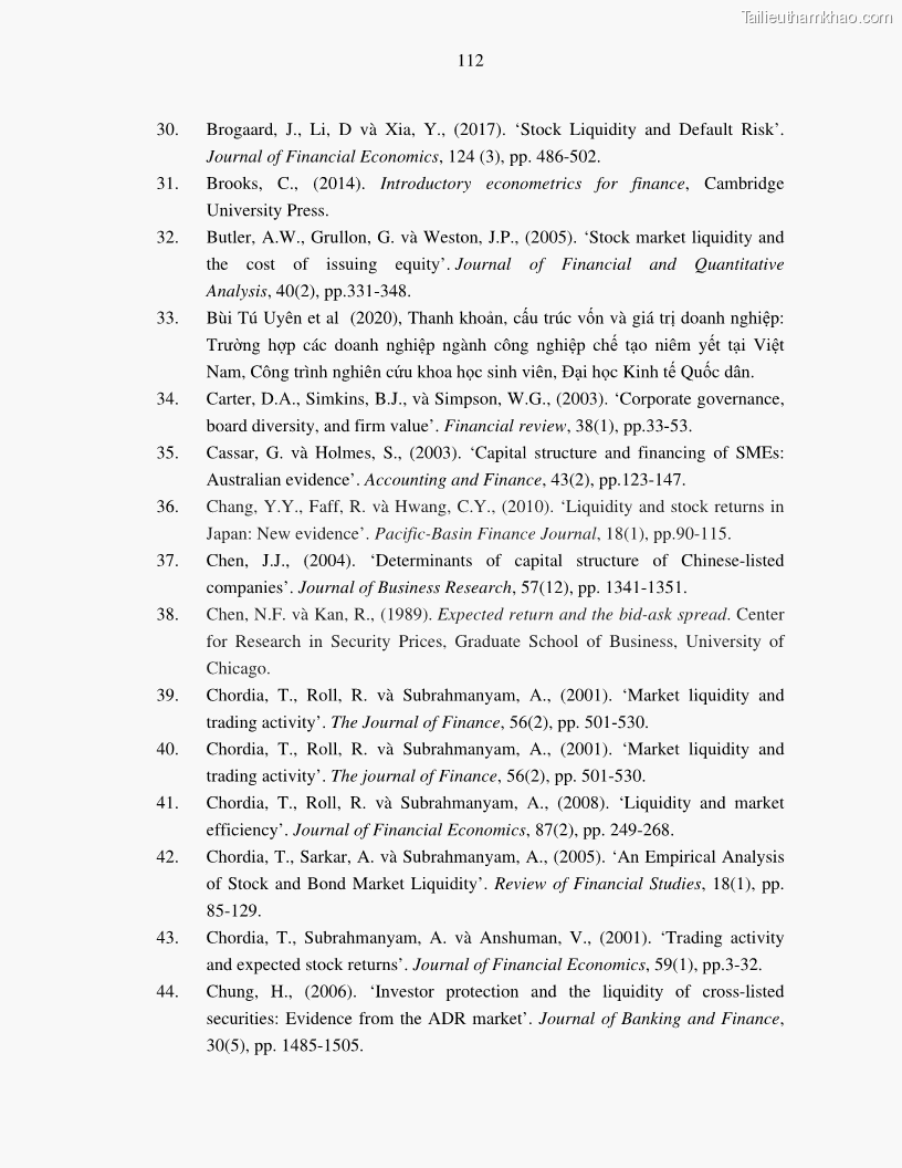 Luận án tiến sĩ tài chính ngân hàng Nghiên cứu mối quan hệ giữa lợi suất cổ phiếu và thanh khoản thị trường - trường hợp các doanh nghiệp niêm yết trên thị trường chứng khoán Việt Nam - 10 Trang 119
